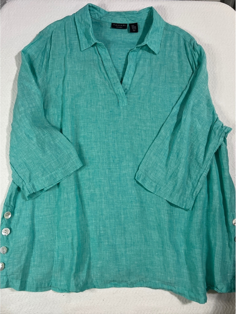 Tahari 100% Linen Turquoise Button Detail Tunic Top Size 2X